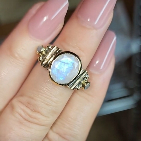 Rainbow Moonstone Ring ~ 925 Sterling Silver w/ Brass Accents - Picture 4 of 16